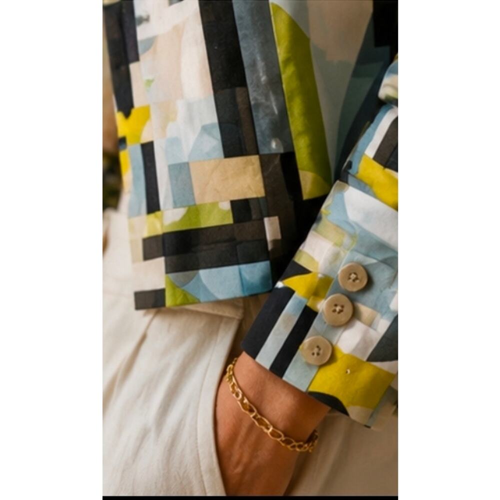 Mod Art Jacket Chartreuse Geometric Blazer Womens 14 Linda Allard Ellen Tracy - Picture 7 of 14